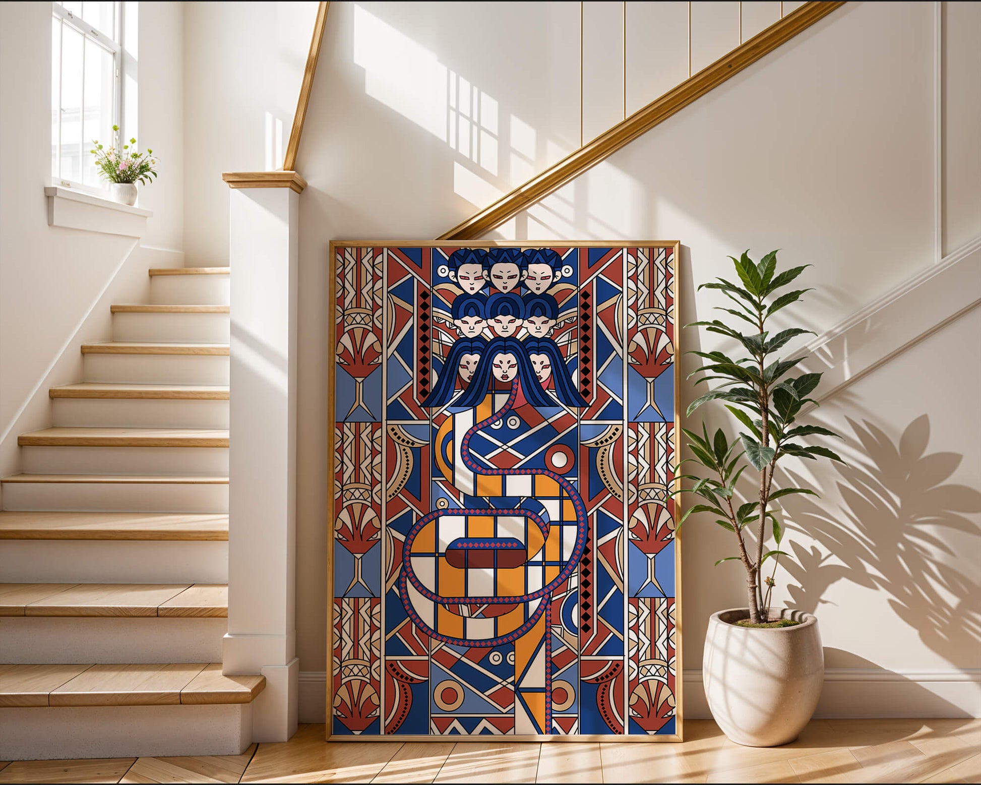 Patrón geométrico Art Decó con rostros y diseño simétrico