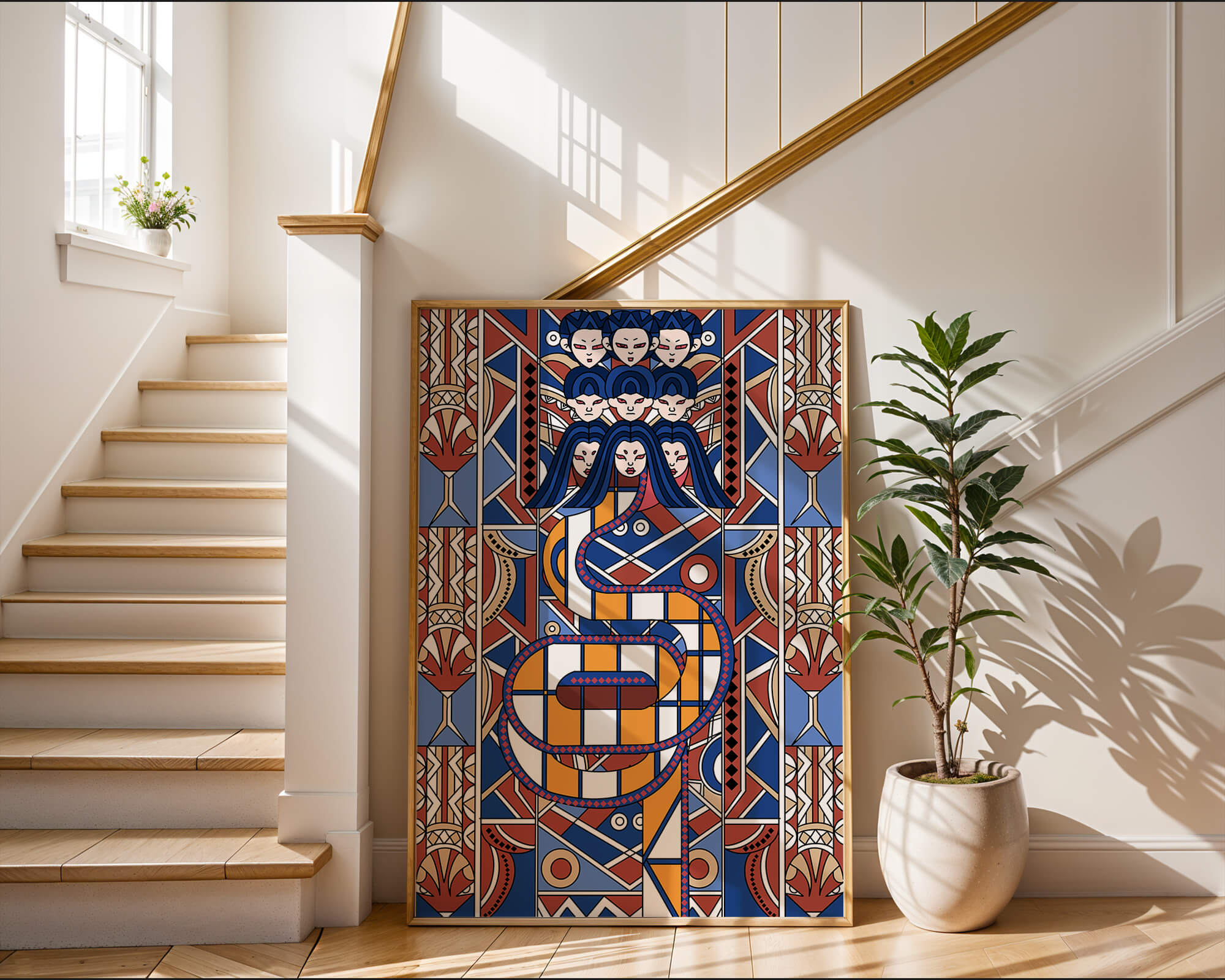 Patrón geométrico Art Decó con rostros y diseño simétrico