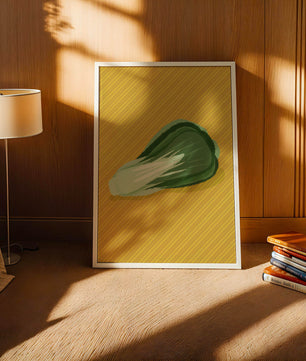 Illustrated bok choy on vibrant yellow background with stripes