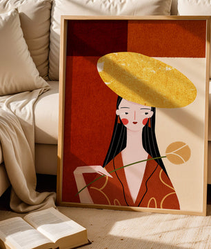 Elegant Woman with a Gold Hat and a Flower on a Red Background - Mi tienda