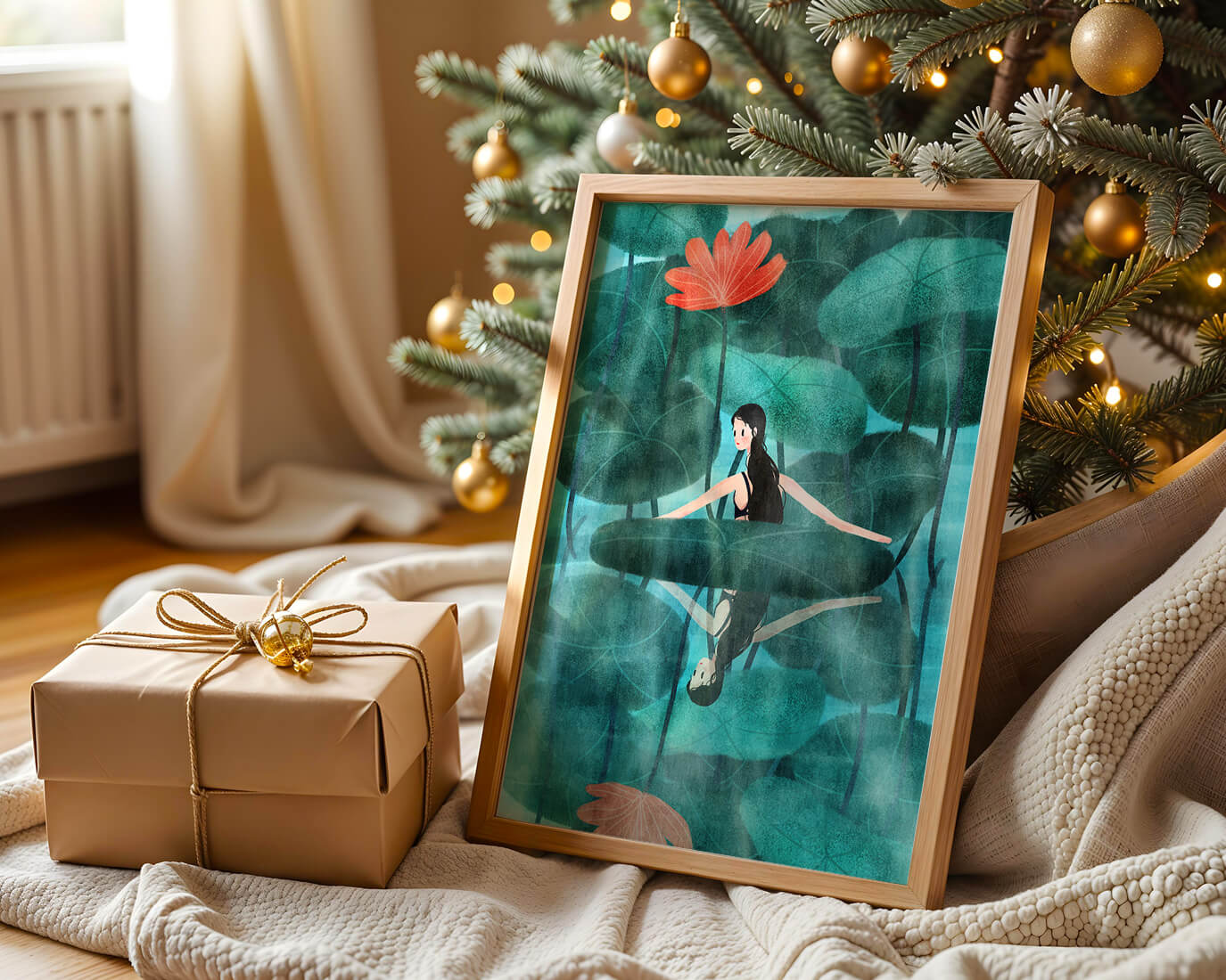 Woman Reflecting among Lotus Leaves and Flowers with a Mirror Image