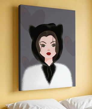 Illustration of a woman in a cat hoodie on a soft gray background