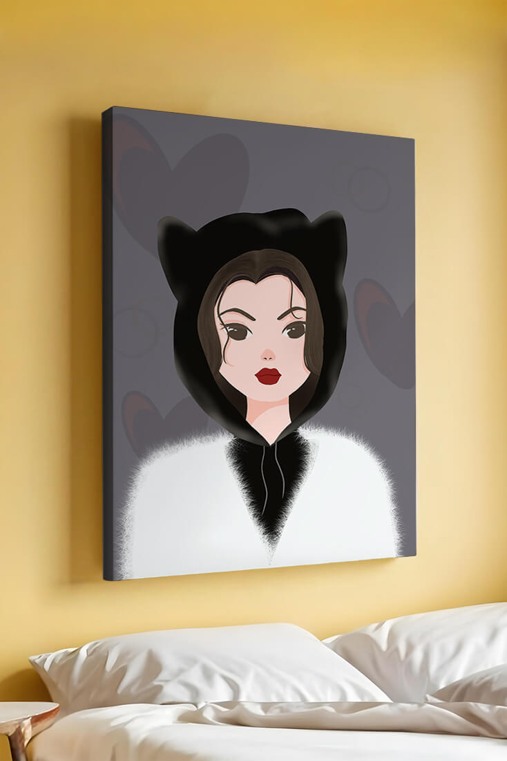 Illustration of a woman in a cat hoodie on a soft gray background