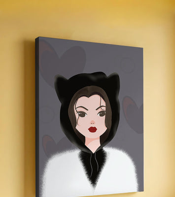 Illustration of a woman in a cat hoodie on a soft gray background