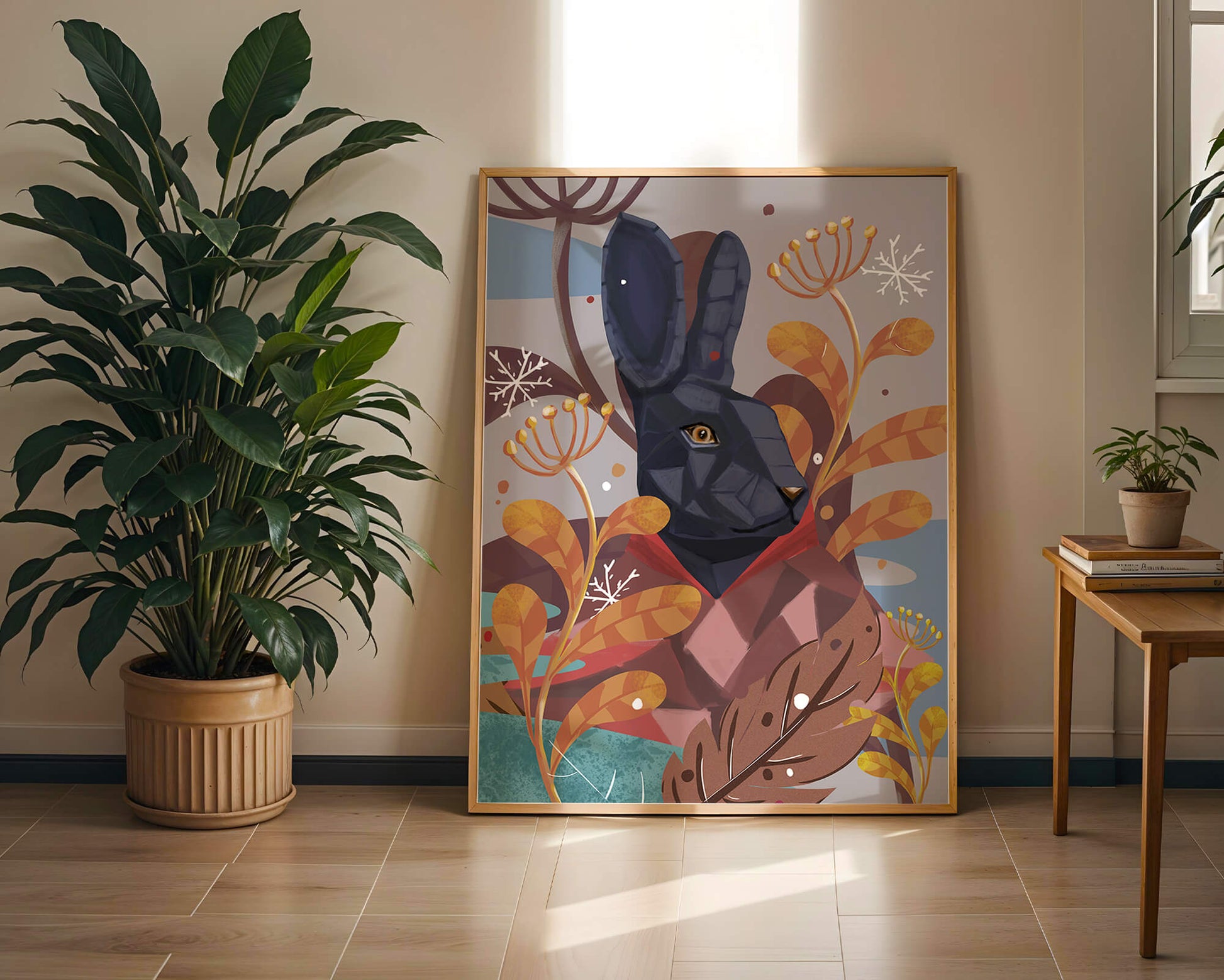 Abstract geometric rabbit in a vibrant autumn floral setting
