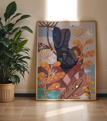 Abstract geometric rabbit in a vibrant autumn floral setting