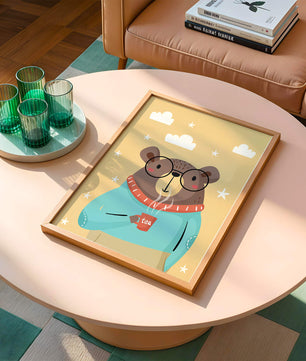 Illustration of a bear with glasses holding a tea cup against a starry background