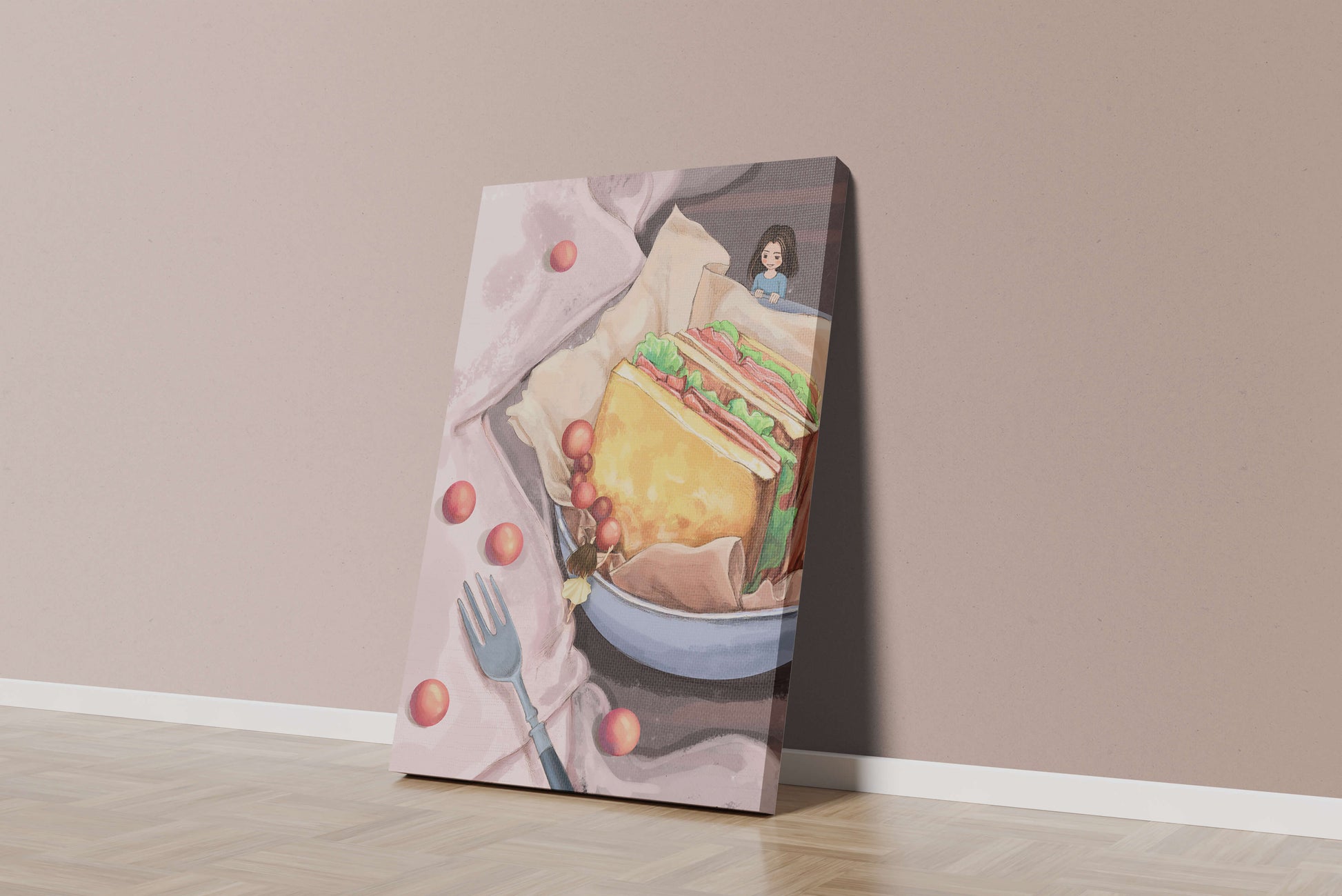 Niñas miniatura caprichosas cerca de un sándwich con tomates y tenedor