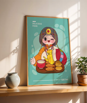 Charmanter tibetischer Charakter mit traditioneller Lebensmittelillustration