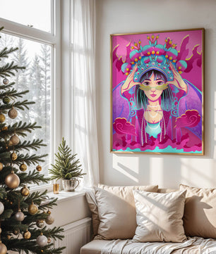 Ilustración colorida de una mujer con traje tradicional y tocado ornamental