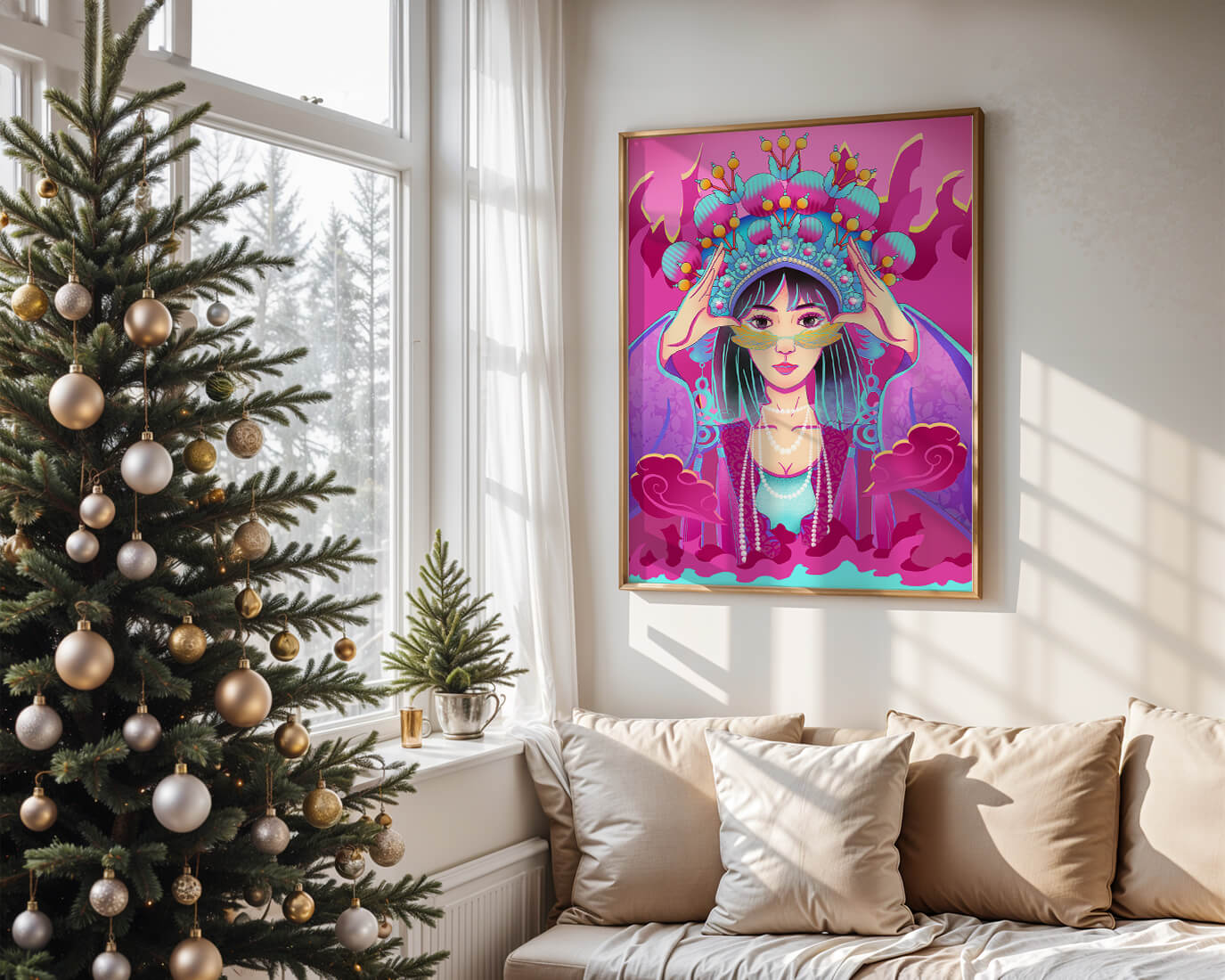 Colorful illustration of a woman in traditional costume with ornate headpiece