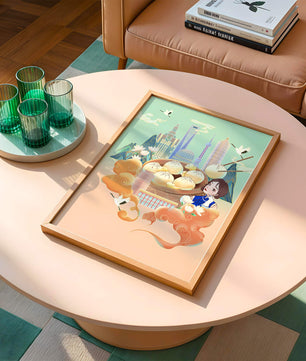 Illustration de la ligne d’horizon de Shanghai avec des raviolis et des éléments asiatiques
