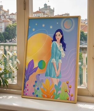 Ilustración de fantasía de una mujer en un jardín cósmico con colores vibrantes