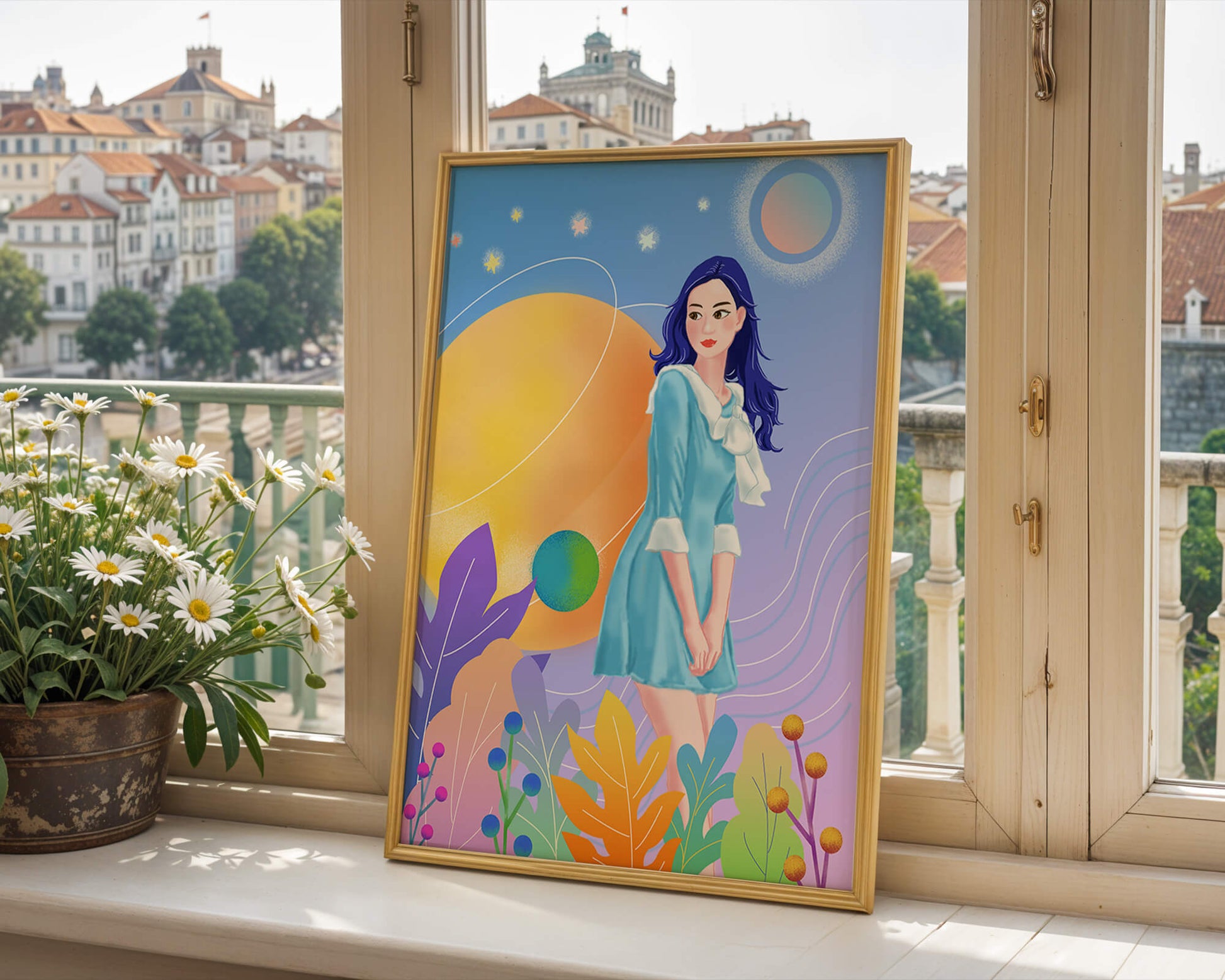 Ilustración de fantasía de una mujer en un jardín cósmico con colores vibrantes