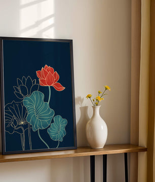 Elegant Floral Illustration with Vibrant Lotus and Gold Outlines on Dark Background