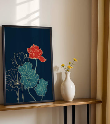 Elegant Floral Illustration with Vibrant Lotus and Gold Outlines on Dark Background