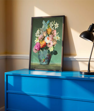 Floral arrangement in a decorative vase on a green background