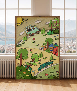 Colorful cartoon landscape with vehicles and nature scene