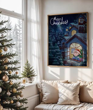 Festive Christmas scene with Santa and a cozy home