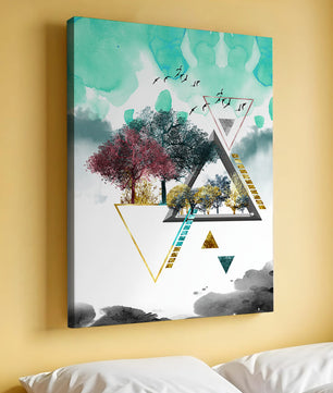 Abstract Geometric Landscape with Vibrant Trees and Birds - Mi tienda
