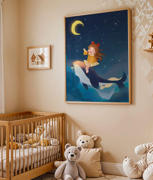 Girl on a whale under starry night sky