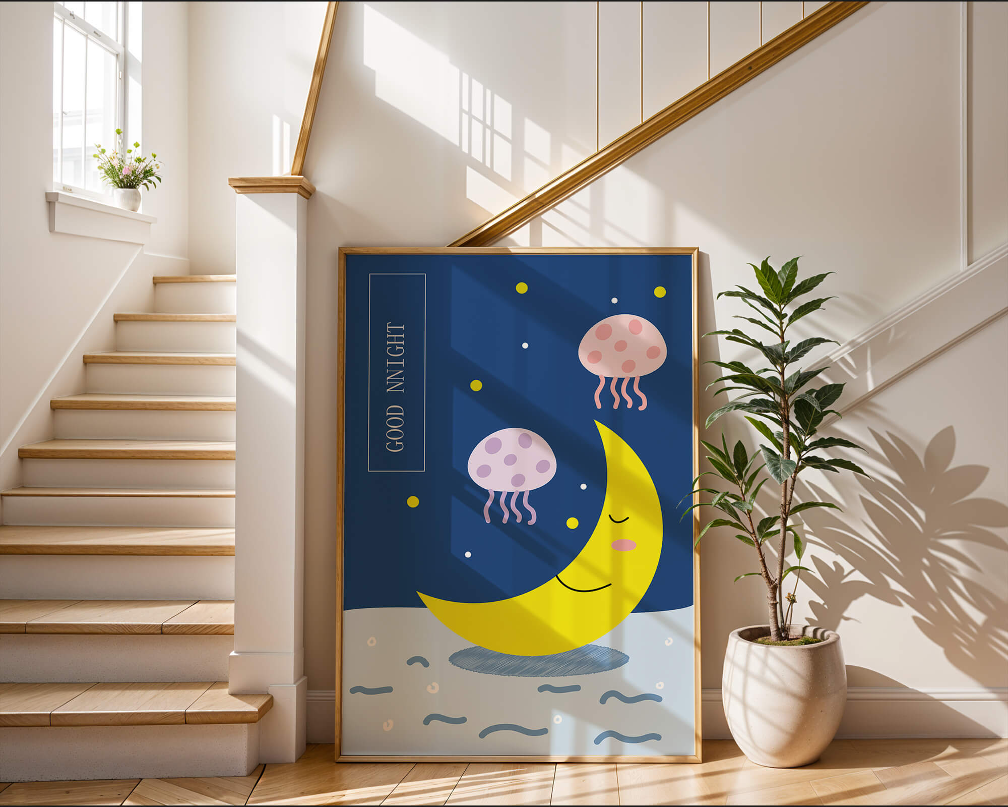Whimsical night scene with a smiling moon and playful jellyfish