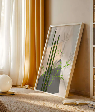 Arte minimalista de bambú con sombras abstractas de bambú