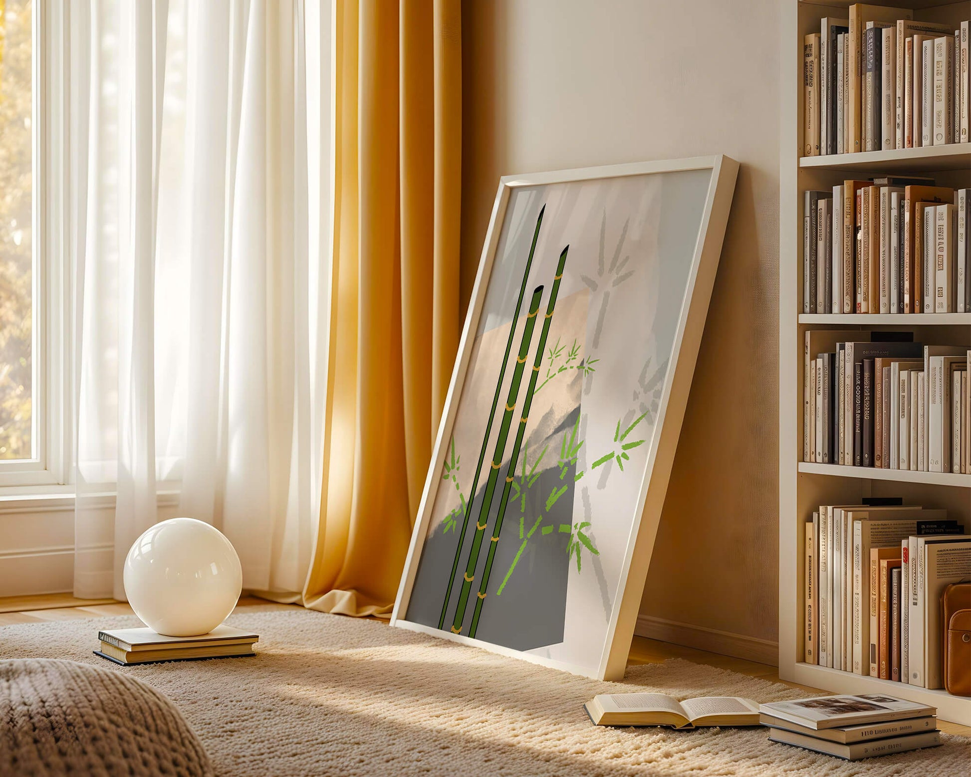 Arte minimalista de bambú con sombras abstractas de bambú