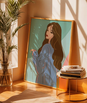 Stylish woman illustration with long hair in pastel shades