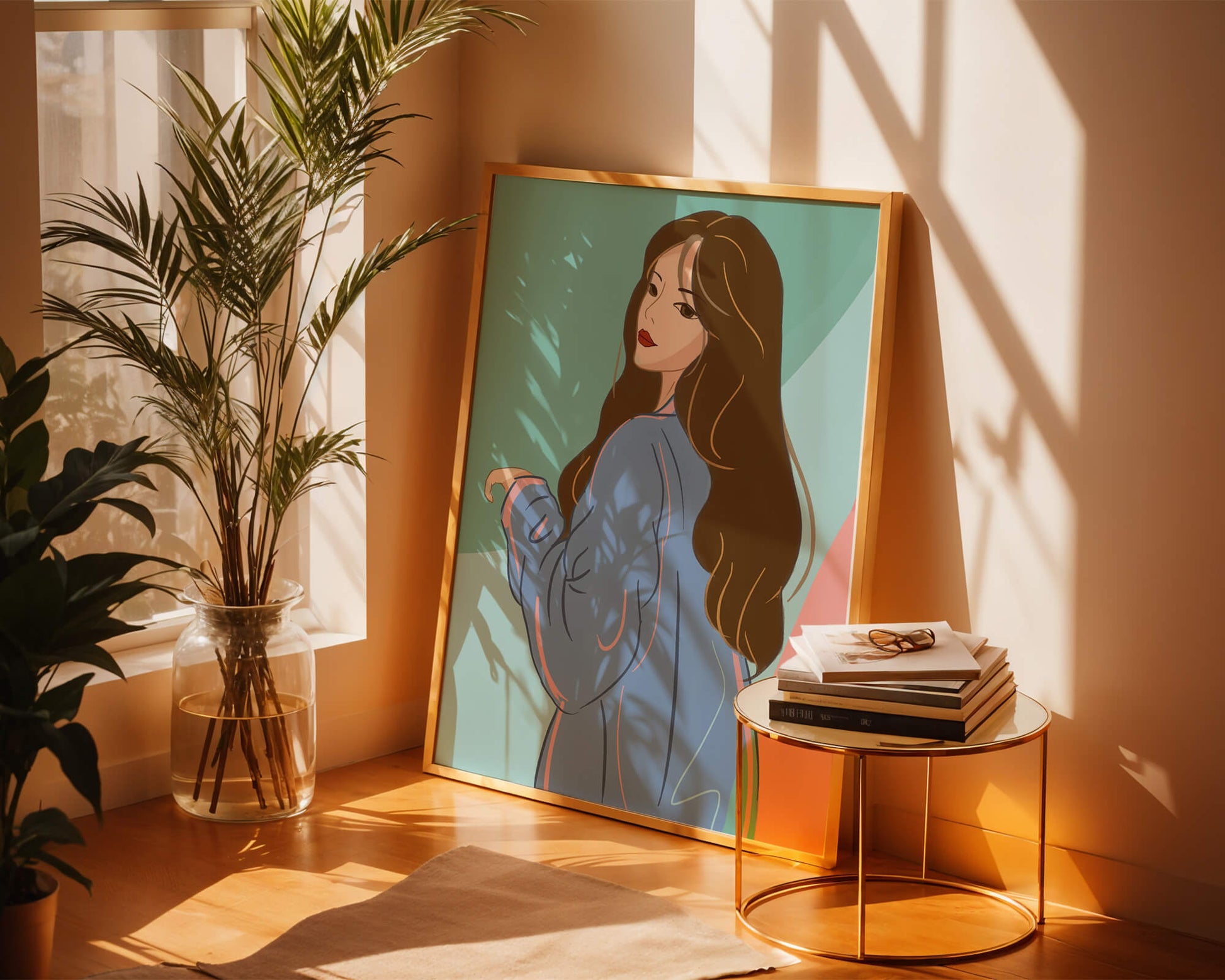 Stylish woman illustration with long hair in pastel shades