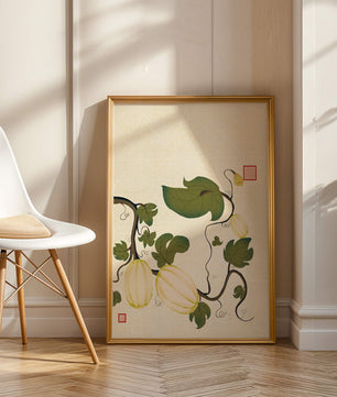 Illustration botanique élégante de melons et de vignes sur un fond texturé