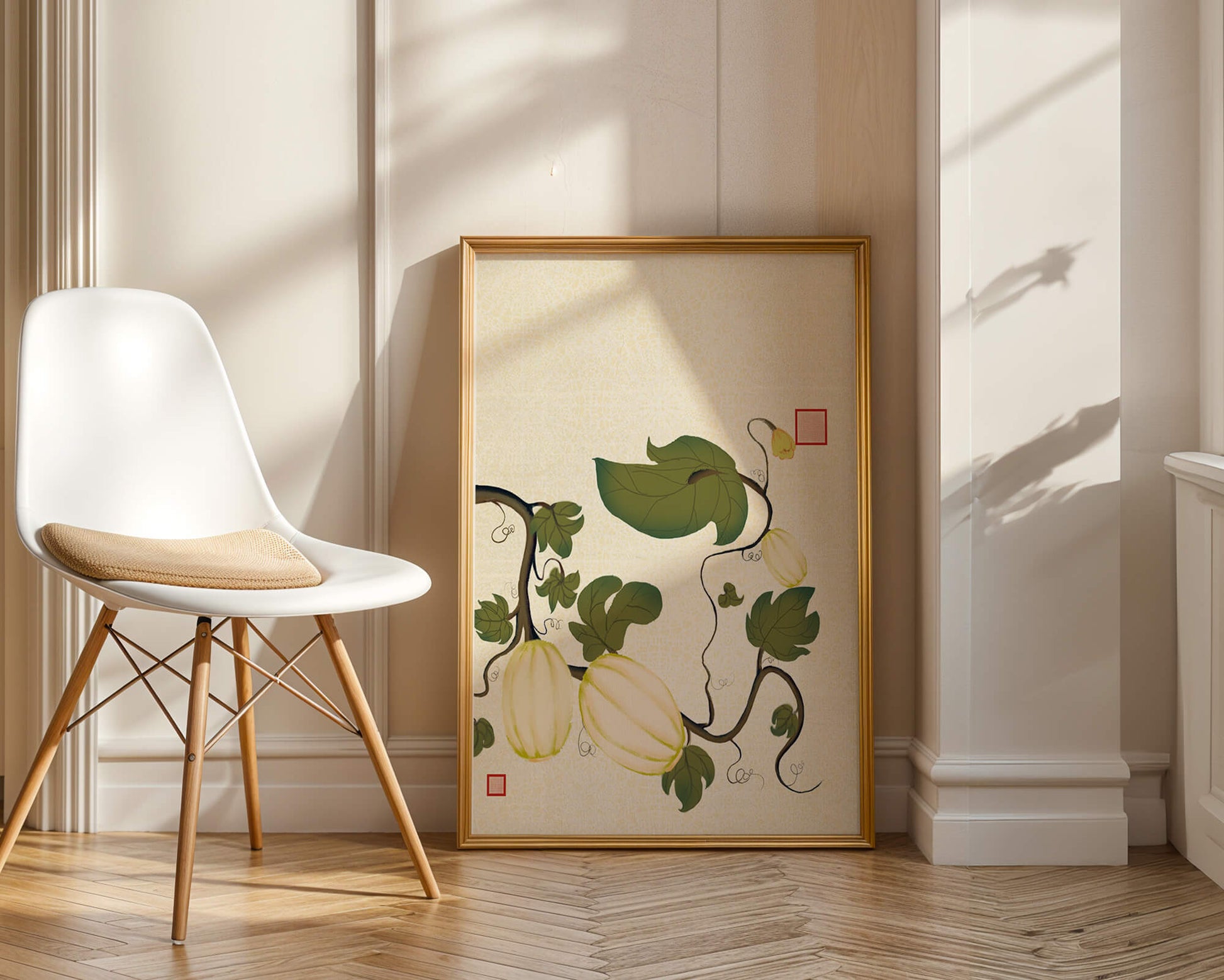 Illustration botanique élégante de melons et de vignes sur un fond texturé