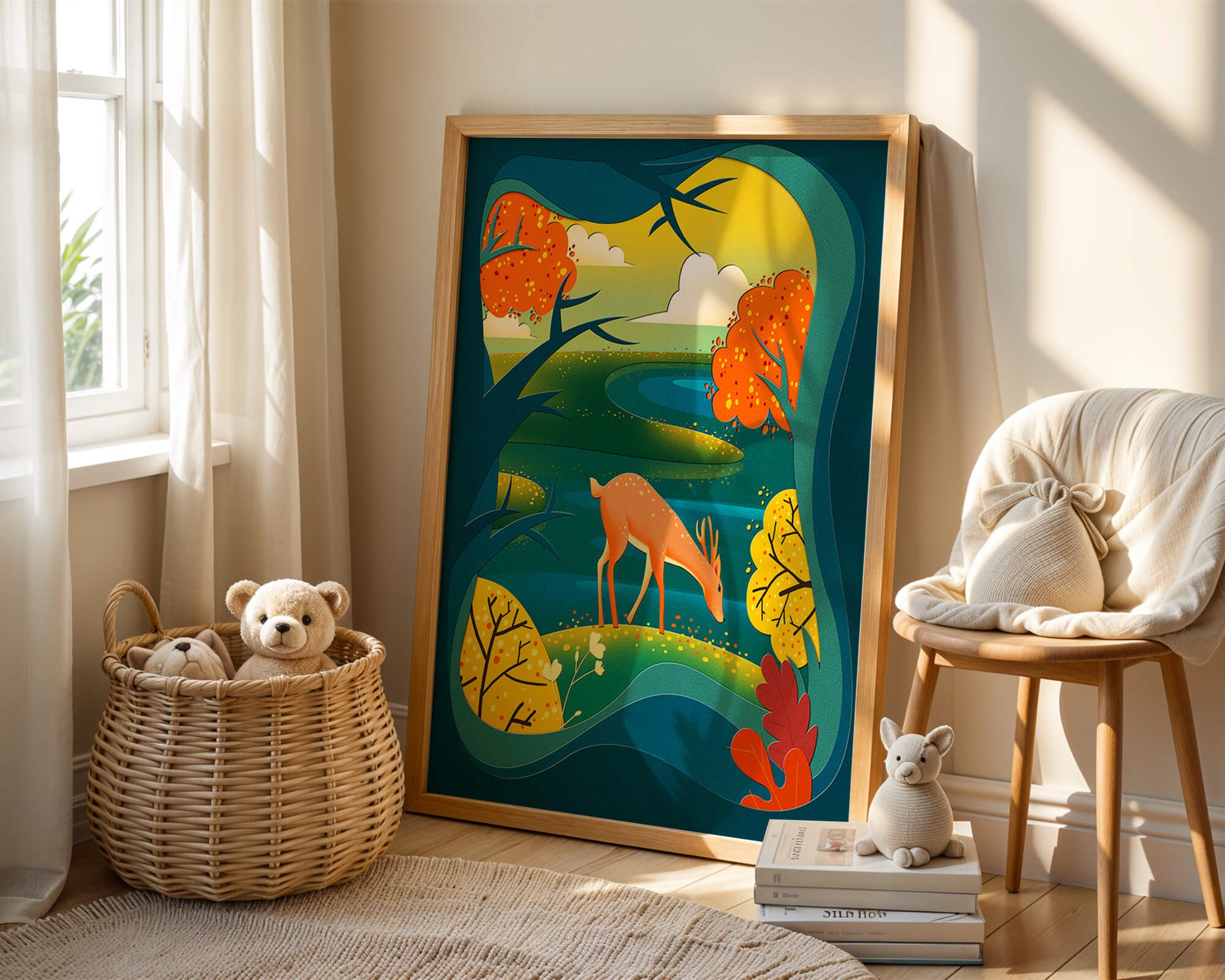 Deer in autumnal forest landscape with vibrant foliage