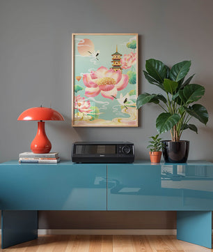 Paysage serein avec des fleurs de lotus et une pagode traditionnelle