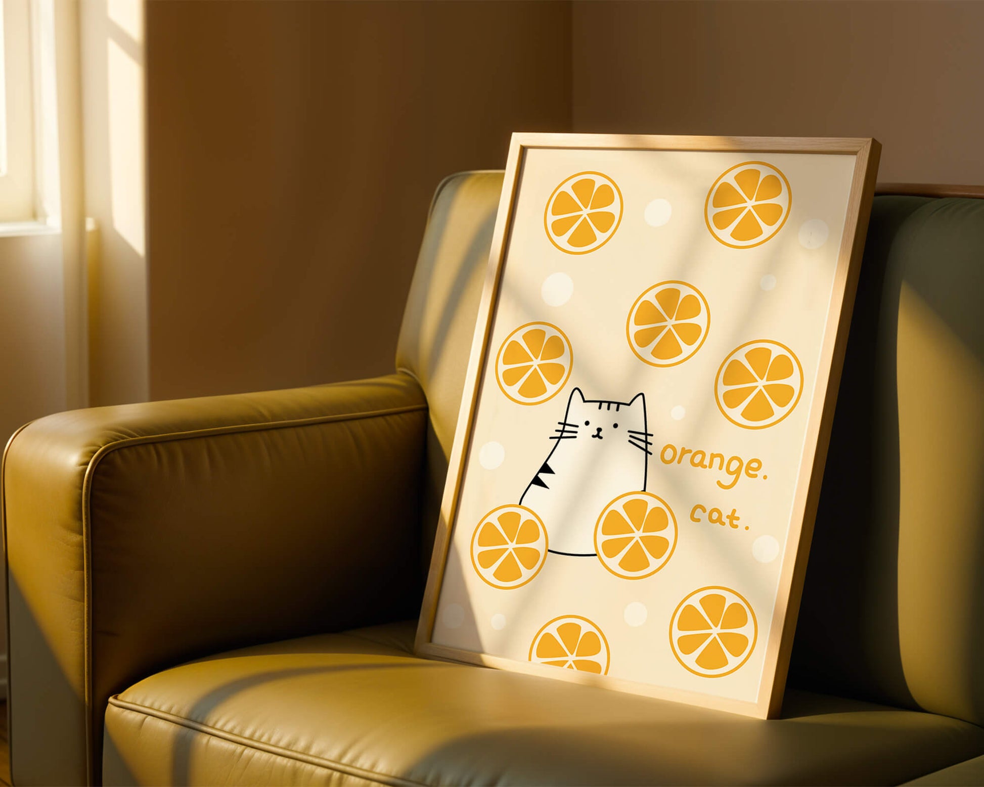 Playful illustration featuring a cat and orange slices