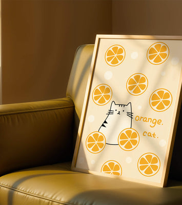Playful illustration featuring a cat and orange slices