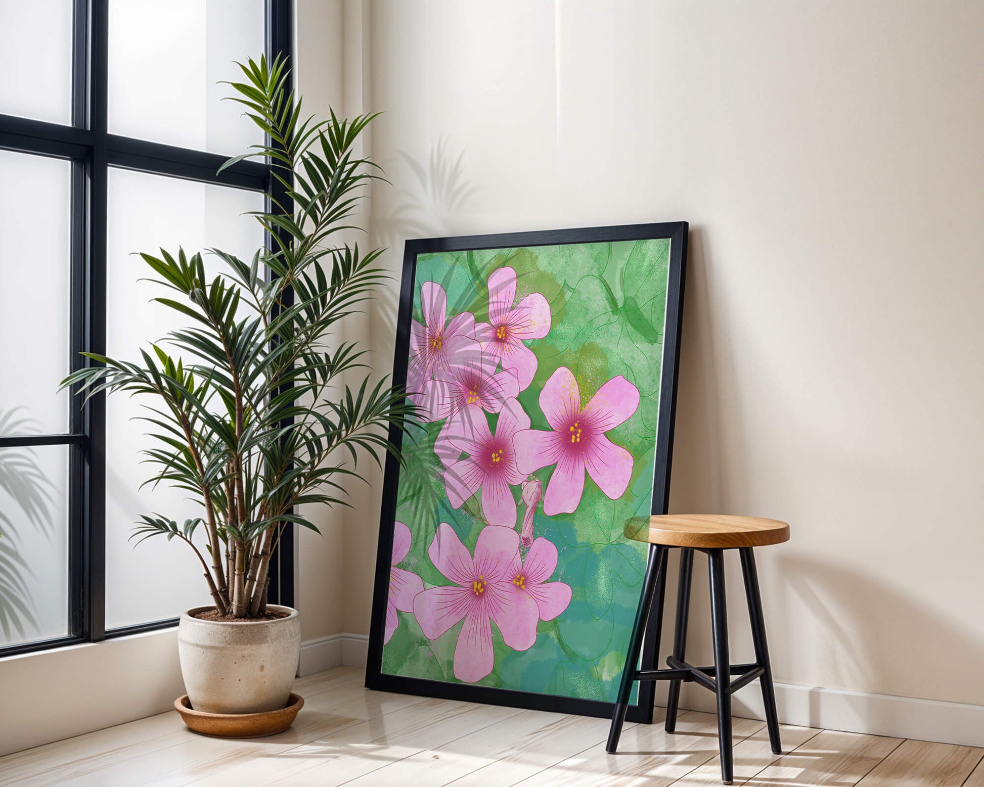 Zarte rosa Blüten auf einem leuchtend grünen Hintergrund Illustration