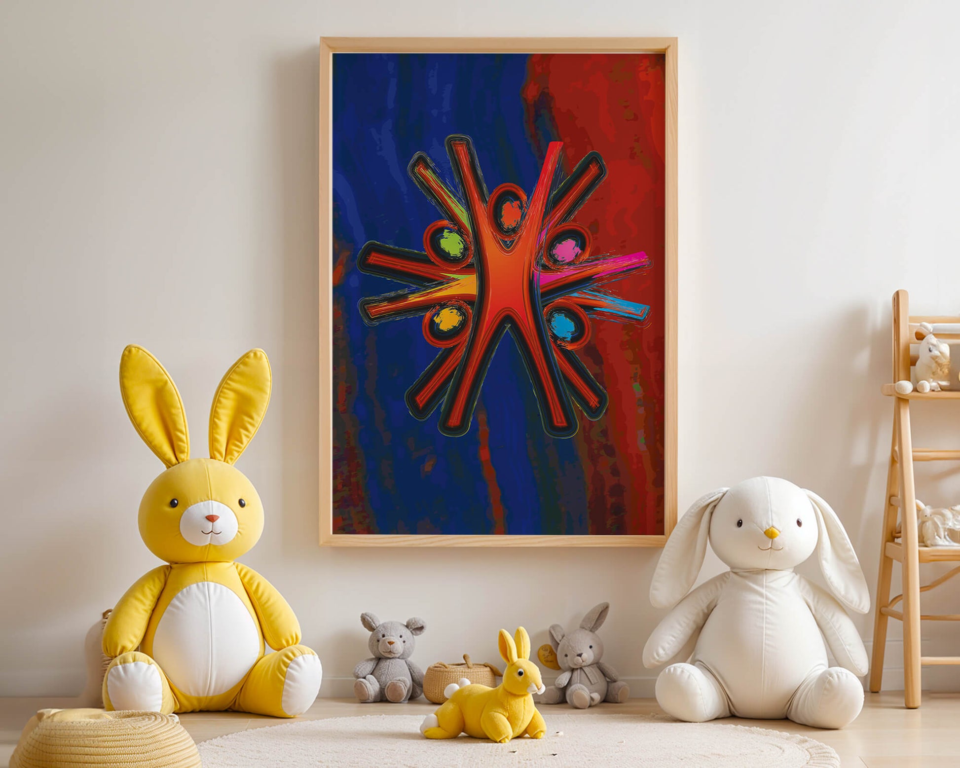 Abstract art with dynamic figures and vibrant colors