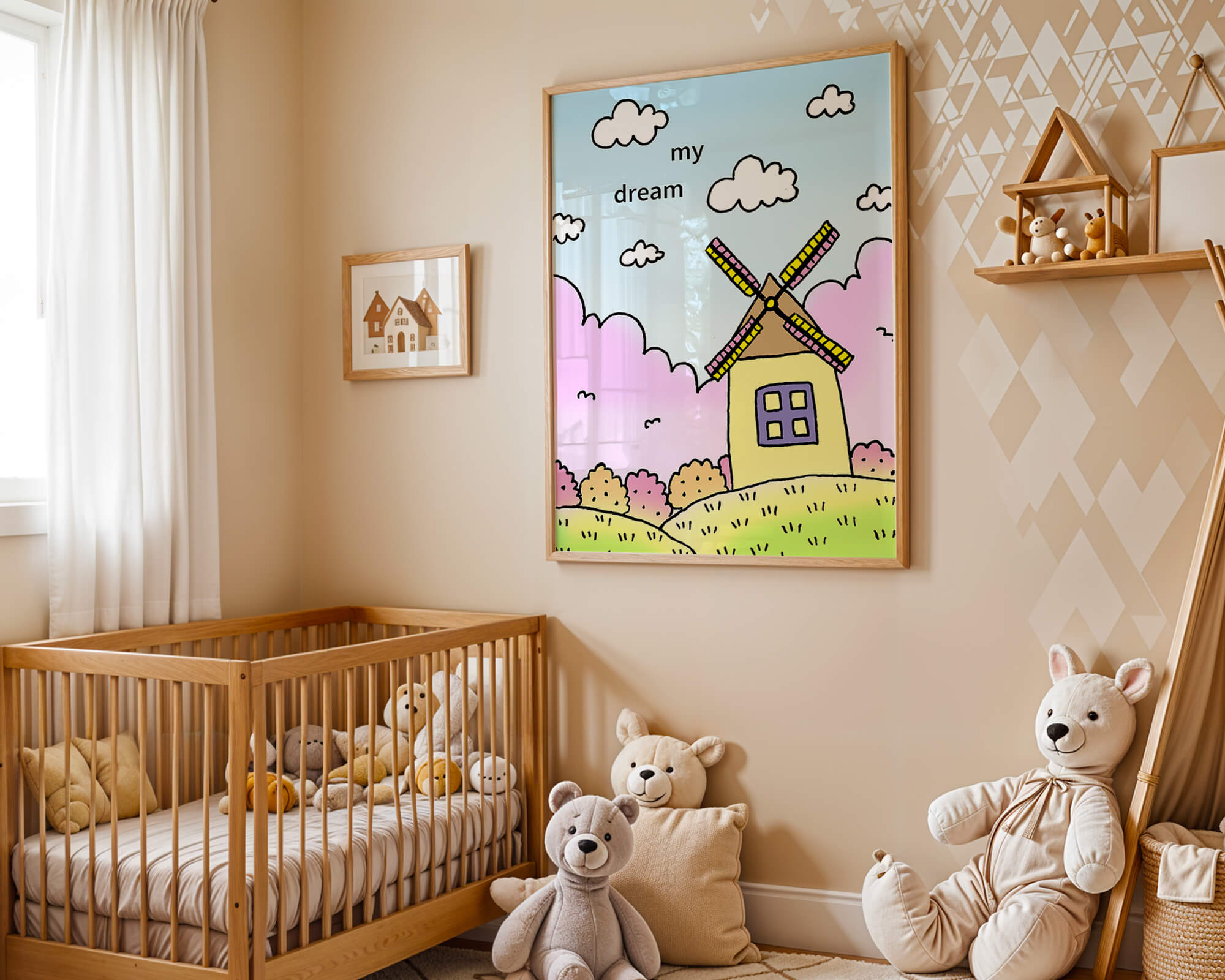 Windmill in a pastel landscape with fluffy clouds and bushes