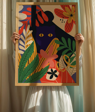 Ilustración abstracta colorida con un gato y patrones florales