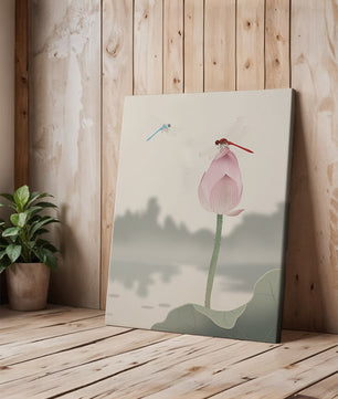 Dragonflies on a Lotus Bud with Serene Landscape