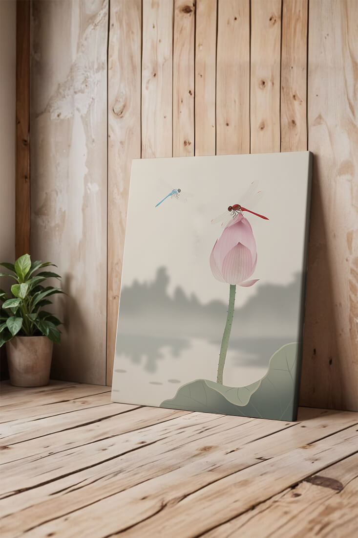 Libélulas sobre un capullo de loto con paisaje sereno