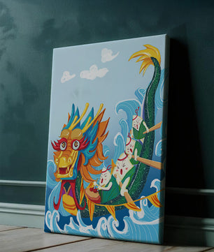 Ilustración vibrante de un dragón en un bote con remeros animados