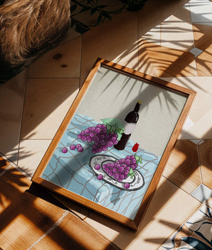Still Life with Grapes and Wine Bottle on a Checkered Tablecloth - Mi tienda