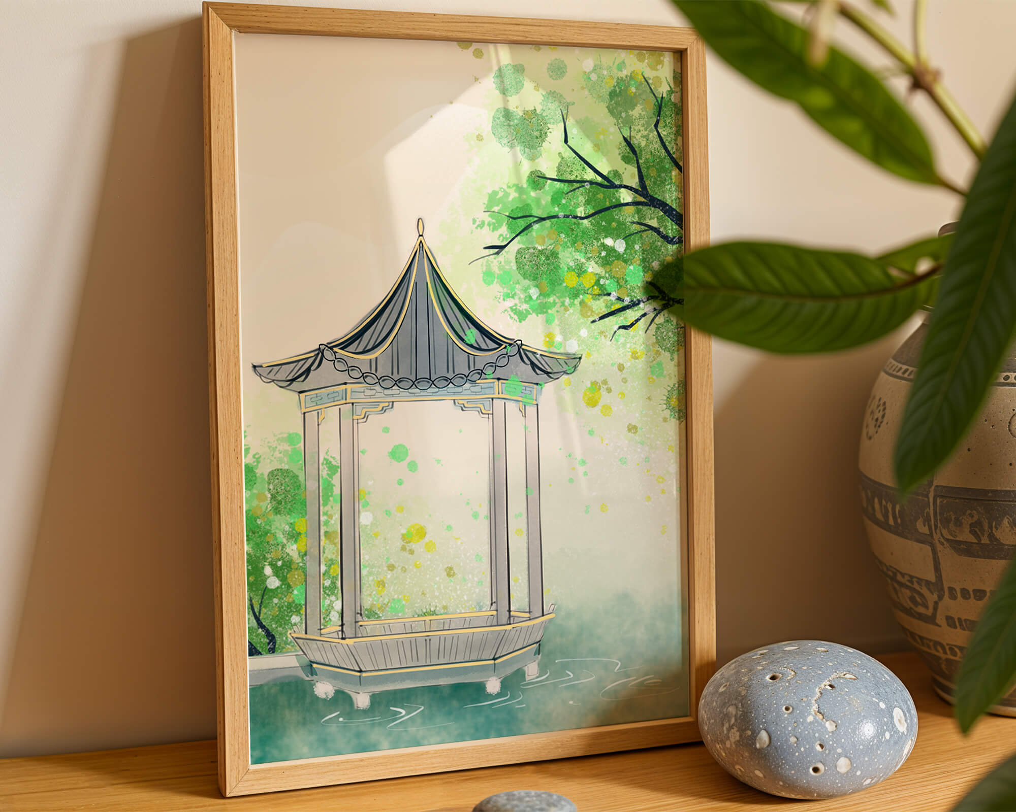 Serene garden gazebo by a tranquil pond with lush greenery