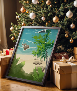 Serene tropical beach scene with lush greenery and calm waves
