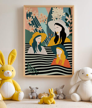 Illustration abstraite colorée de trois femmes avec des éléments floraux et botaniques