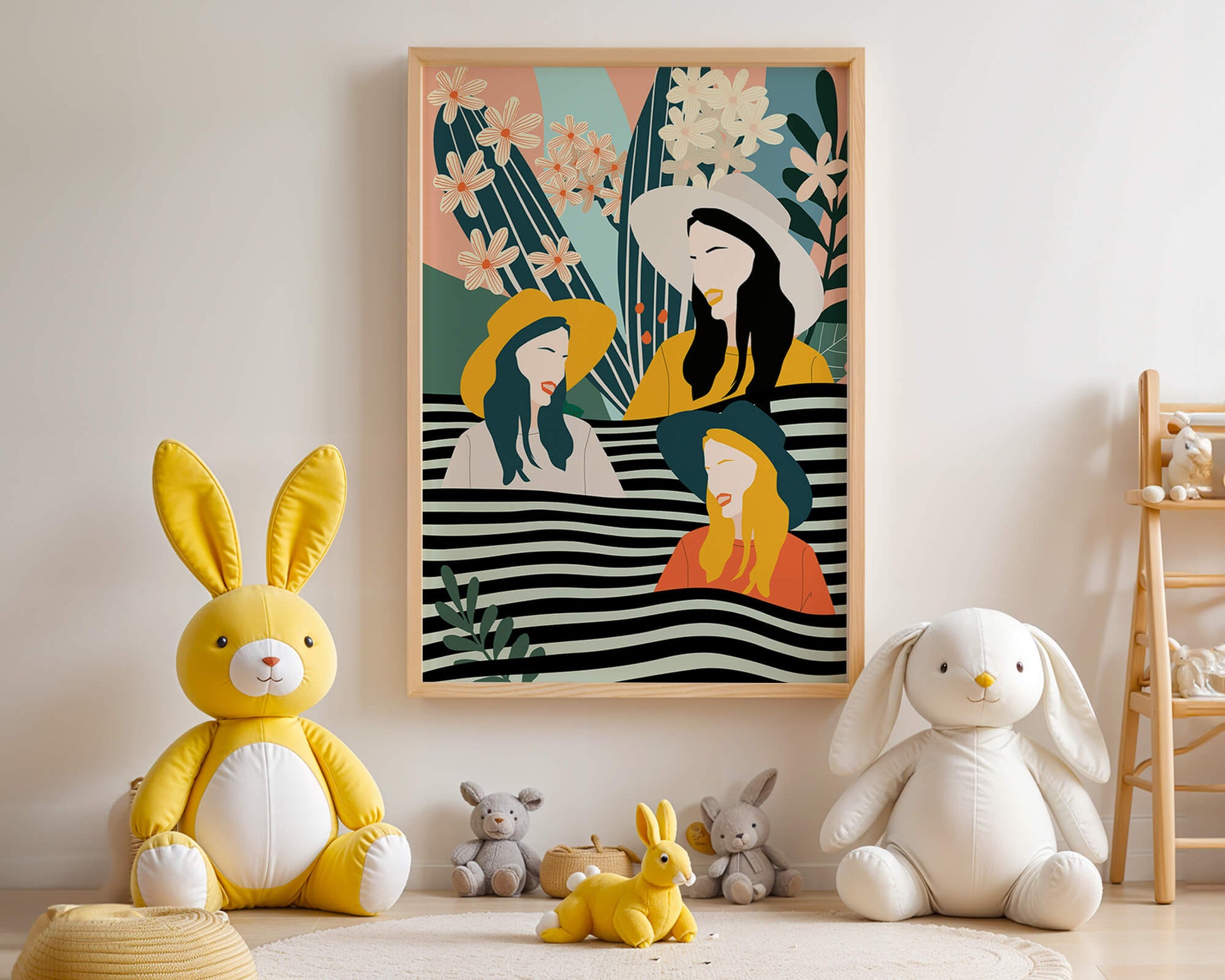 Illustration abstraite colorée de trois femmes avec des éléments floraux et botaniques