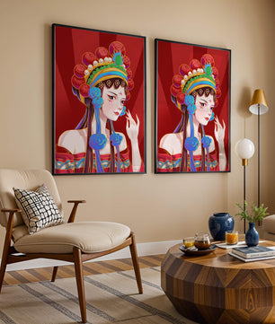 Traditional Asian art depicting stylized woman with ornate headdress