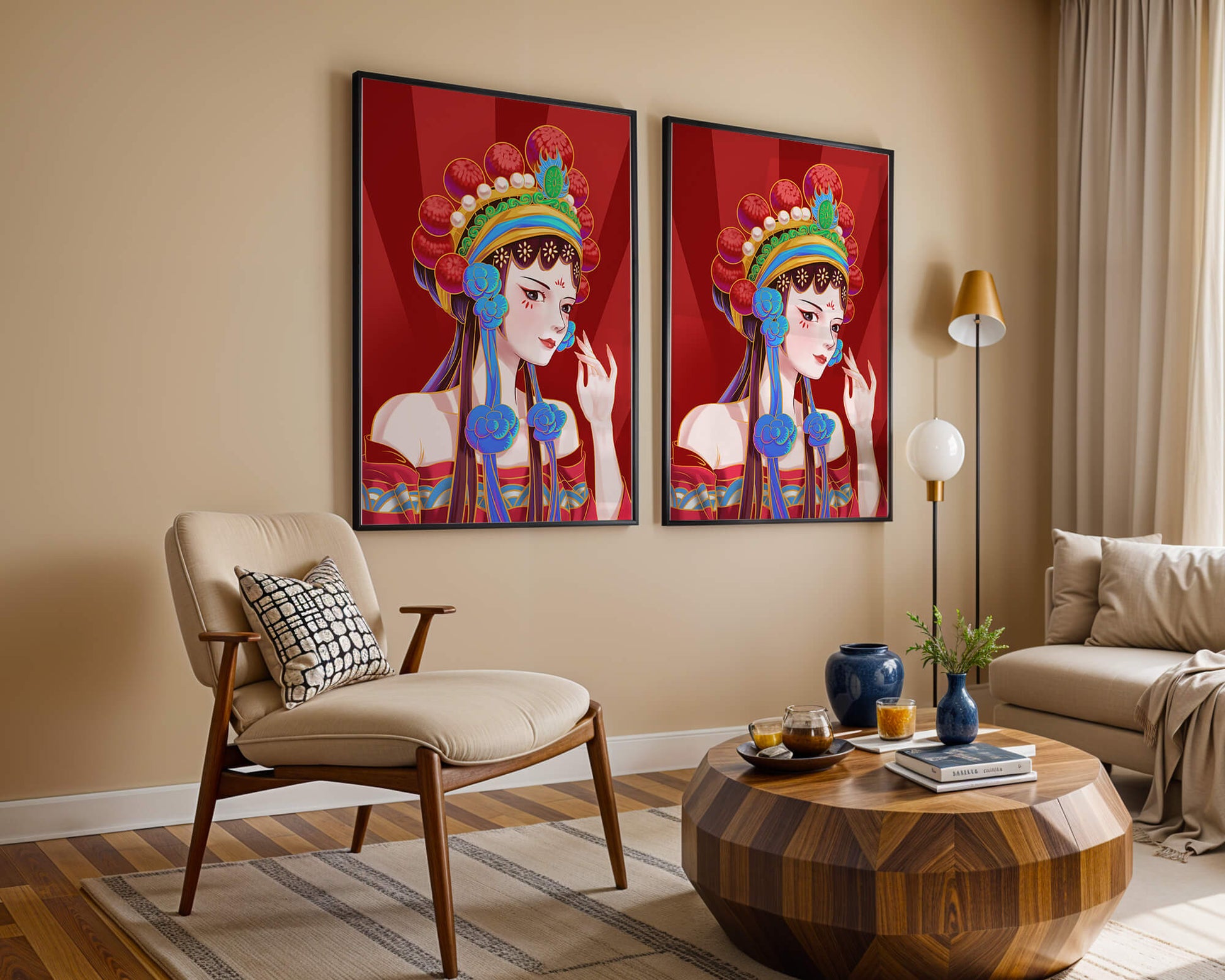 Traditional Asian art depicting stylized woman with ornate headdress